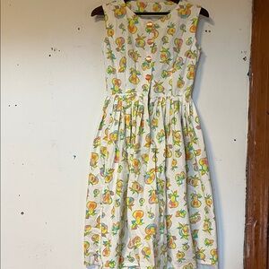 Vintage 1950s Watercolor Fruit Print Sleeveless Fit and Flare Dress XS/S READ